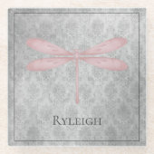 Pink Dragonfly Damask Glazen Onderzetter (Voorkant)