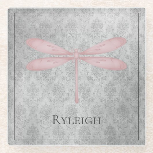 Pink Dragonfly Damask Glazen Onderzetter (Voorkant)