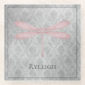 Pink Dragonfly Damask Glazen Onderzetter (Voorkant)