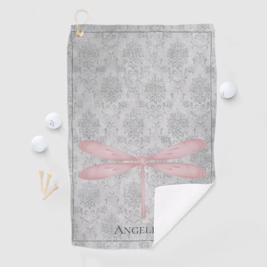 Pink Dragonfly Damask Golfhanddoek (Insitu)
