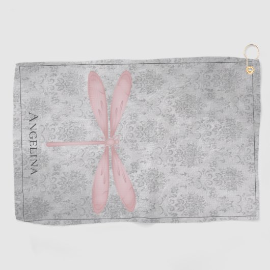 Pink Dragonfly Damask Golfhanddoek (Horizontaal)