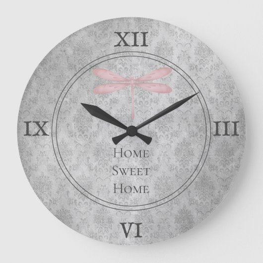 Pink Dragonfly Damask Grote Klok (Voorkant)