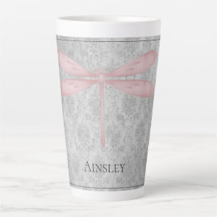 Pink Dragonfly Damask Latte Mok