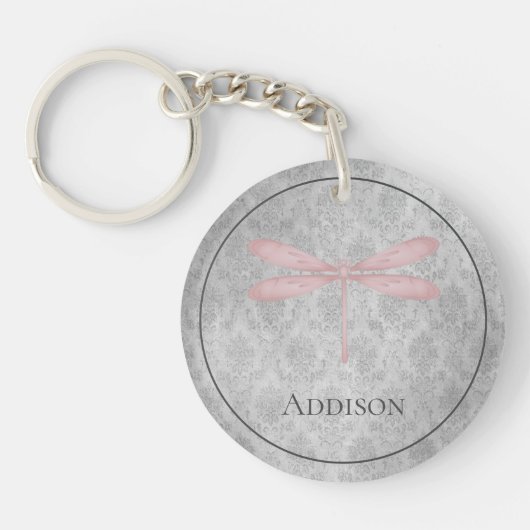 Pink Dragonfly Damask Sleutelhanger (Voorkant)