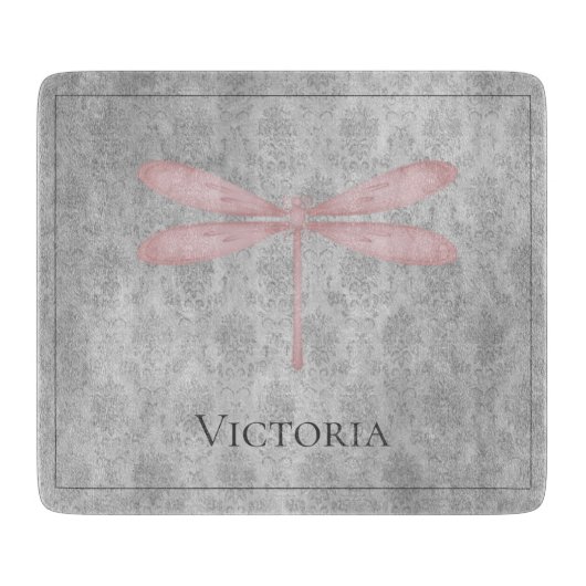 Pink Dragonfly Damask Snijplank (Voorkant)