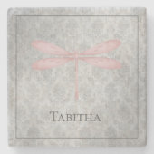 Pink Dragonfly Damask Stenen Onderzetter (Voorkant)