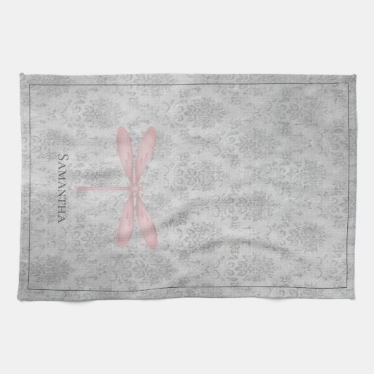 Pink Dragonfly Damask Theedoek (Horizontaal)