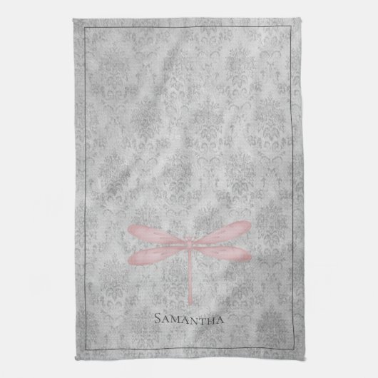 Pink Dragonfly Damask Theedoek (Verticaal)