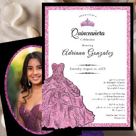 Pink Dress and Tiara Custom Photo Quinceanera Kaart