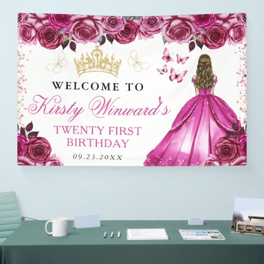 Pink Dress Blonde Princess Floral Birthday Spandoek (Beurs)