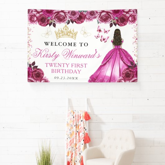 Pink Dress Brunette Princess Floral Birthday Spandoek (Insitu)