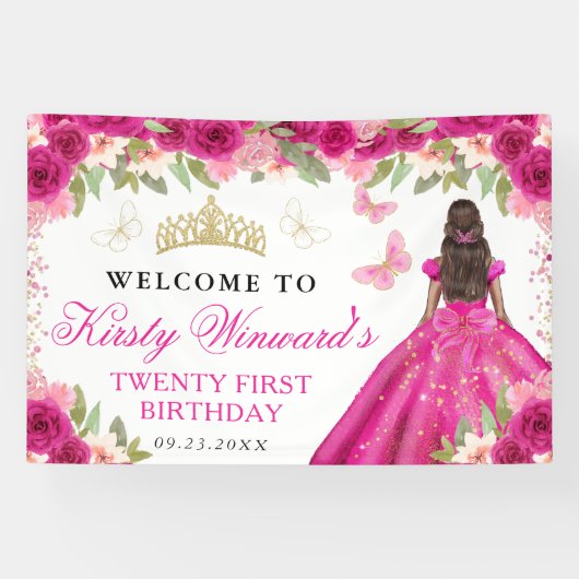 Pink Dress Dark Skin Princess Floral Birthday Spandoek (Horizontaal)