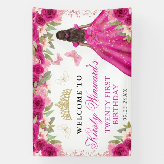 Pink Dress Dark Skin Princess Floral Birthday Spandoek (Verticaal)