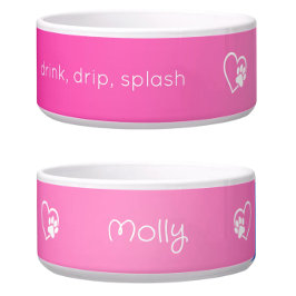 Pink 'drink drip splash' Dog Name Bowl Voerbakje