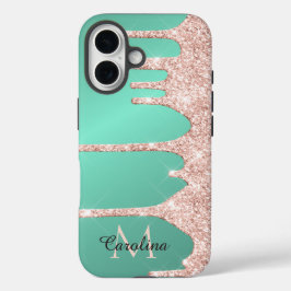 Pink Dripping Glitter op Blauwgroen iPhone 16 Hoesje