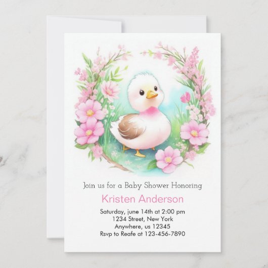 Pink Duck betoverde Waterverf Meisje Baby shower Kaart (Voorkant)