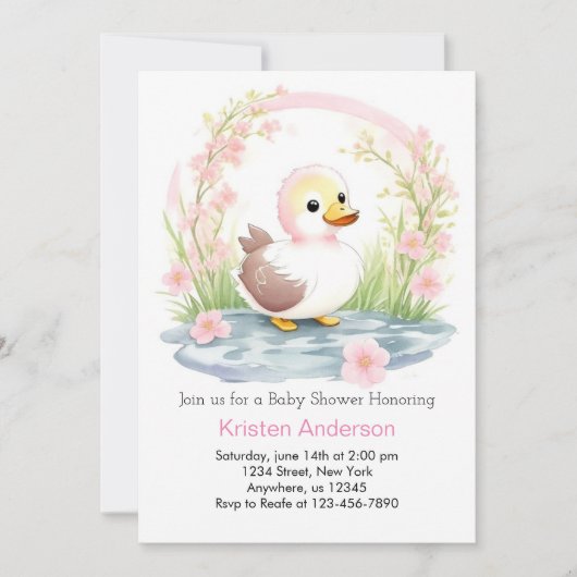 Pink Duck Waterverf Meisje Baby shower Kaart (Voorkant)