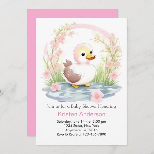 Pink Duck Waterverf Meisje Baby shower Kaart (Voorkant / Achterkant)