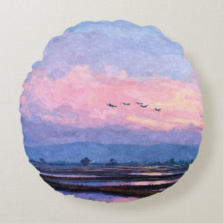 Pink Dusk Flight Watercolor Landscape Pillow Rond Kussen