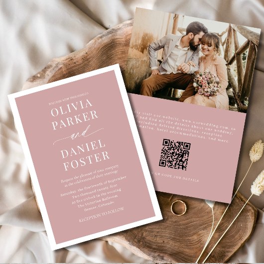 Pink Dusty Rose Photo QR Code Minimalist Wedding Kaart