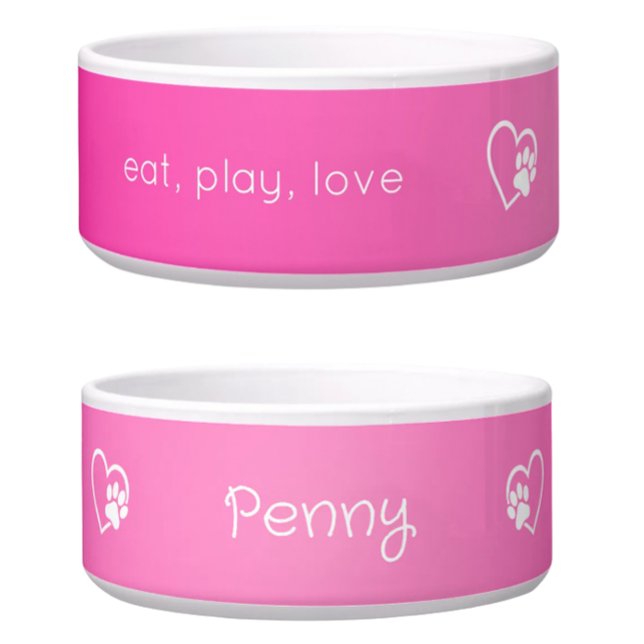 Pink 'eat, play, love' Dog Name Bowl Voerbakje (Creator heeft geüpload)