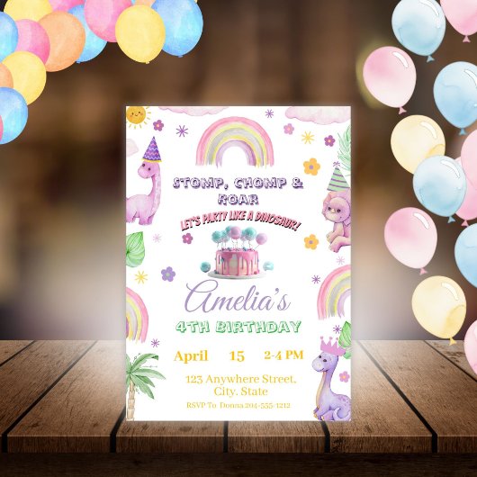 Pink Editable Dinosaur Birthday Invite Template Kaart