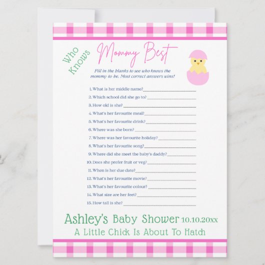 Pink Egg Little Chick Hatch Girl Baby Shower GAME Feestdagenkaart (Voorkant)