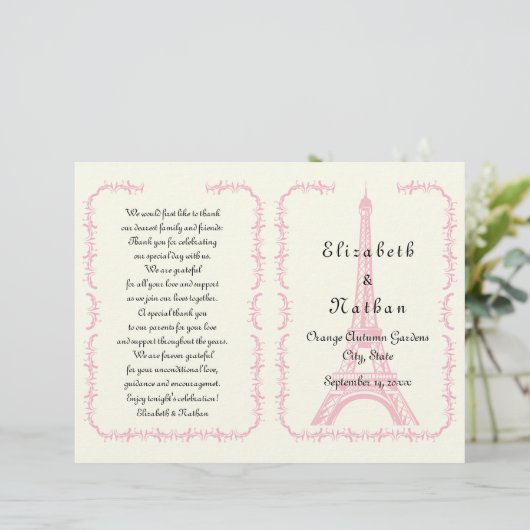 Pink Eiffel Tower Paris gevouwen trouwprogramma (Staand voorkant)