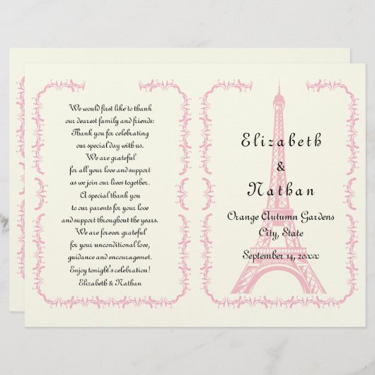 Pink Eiffel Tower Paris gevouwen trouwprogramma (Voorkant / Achterkant)