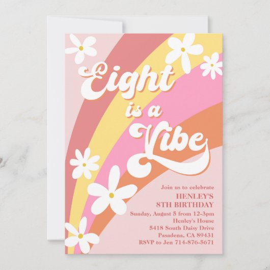 Pink Eight is een Vibe Retro Daisy Rainbow Birthda Kaart (Voorkant)