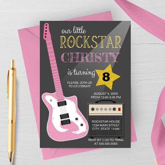 Pink Electric Guitar Rockstar Birthday Party Kaart