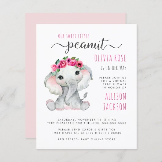 Pink Elephant Baby Girl - budgetroze virtuele douc (Voorkant / Achterkant)