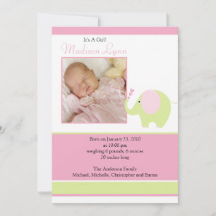 Pink Elephant Baby Girl Photo Announcement Card Aankondiging