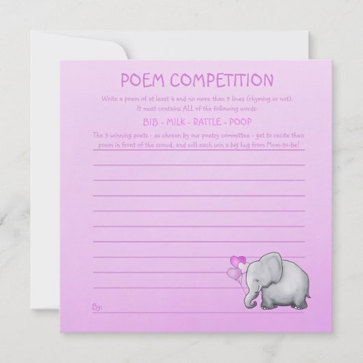 Pink Elephant Baby shower Poem Competition Game Kaart (Voorkant)