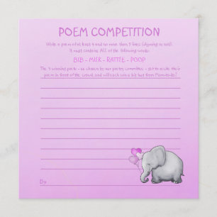 Pink Elephant Baby shower Poem Competition Game Kaart