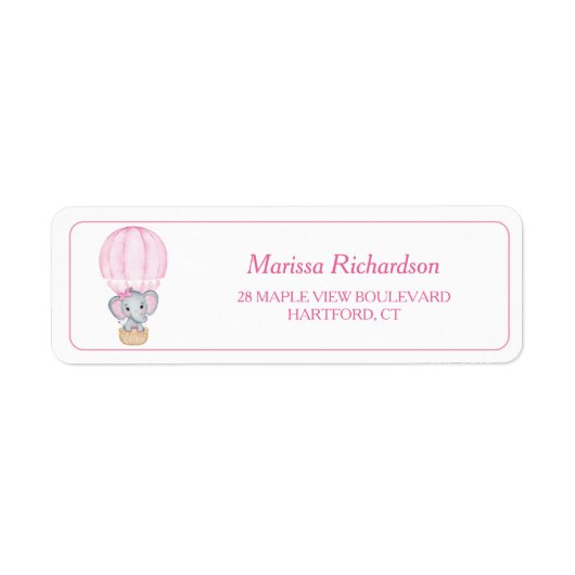 Pink Elephant Baby shower Retour Adres Label (Voorkant)