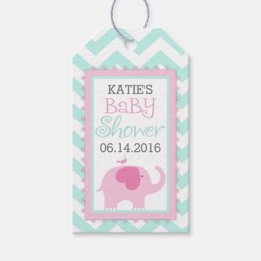 Pink Elephant Bird Chevron-Baby shower Cadeaulabel (Voorkant)