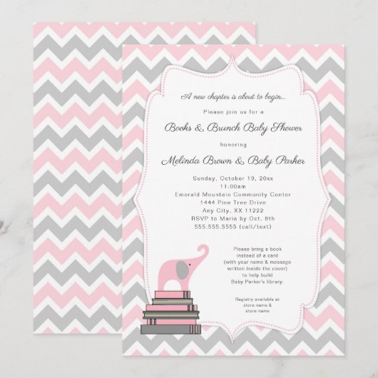 Pink Elephant Book Baby shower, boeken en brunch Kaart (Voorkant / Achterkant)