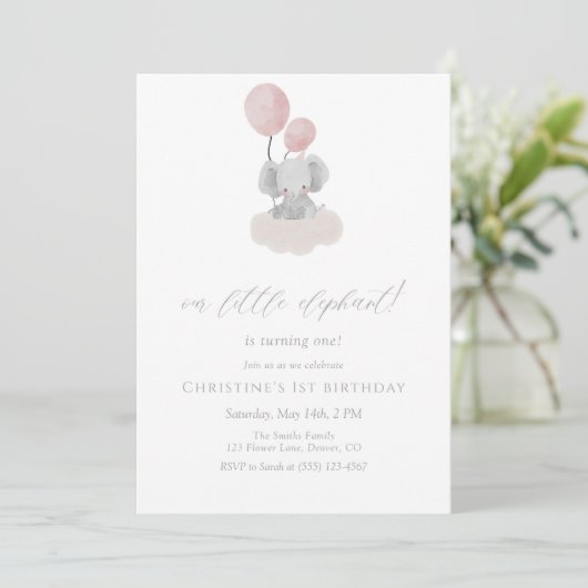Pink Elephant First Birthday Invitation Kaart (Staand voorkant)