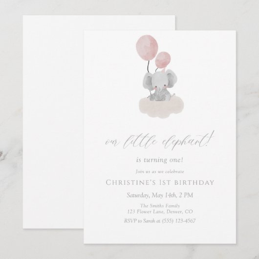 Pink Elephant First Birthday Invitation Kaart (Voorkant / Achterkant)