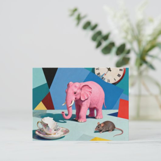 Pink Elephant Mouse Broken Teacup Clock Surreal Briefkaart (Staand voorkant)