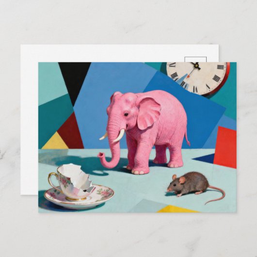 Pink Elephant Mouse Broken Teacup Clock Surreal Briefkaart (Voorkant / Achterkant)