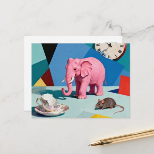 Pink Elephant Mouse Broken Teacup Clock Surreal Briefkaart (Voorkant / Achterkant in situ)