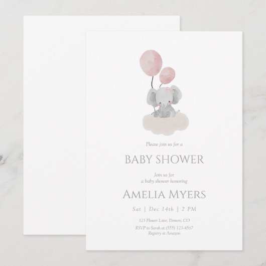 Pink Elephant on Cloud Baby Shower Invitation Kaart (Voorkant / Achterkant)