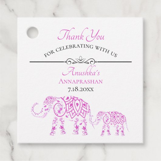 Pink Elephants Annaprashan | Eerste rijst Bedankjes Labels (Voorkant)