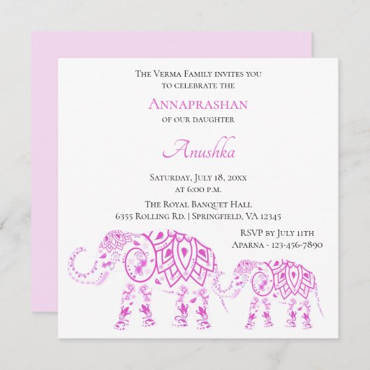 Pink Elephants Annaprashan | Eerste rijst Kaart (Voorkant / Achterkant)