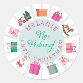 Pink Elf Toy Factory No Peeking Until Christmas Ronde Sticker (Voorkant)