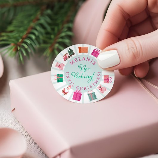 Pink Elf Toy Factory No Peeking Until Christmas Ronde Sticker
