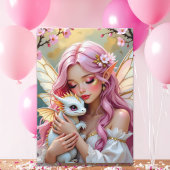 Pink Elven Fairy & White Dragon | Happy Birthday Kaart