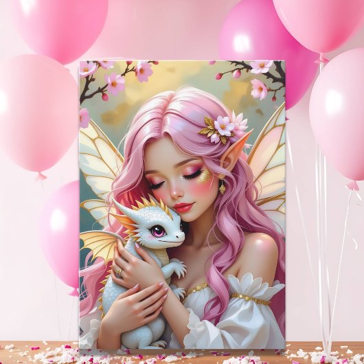 Pink Elven Fairy & White Dragon | Happy Birthday Kaart